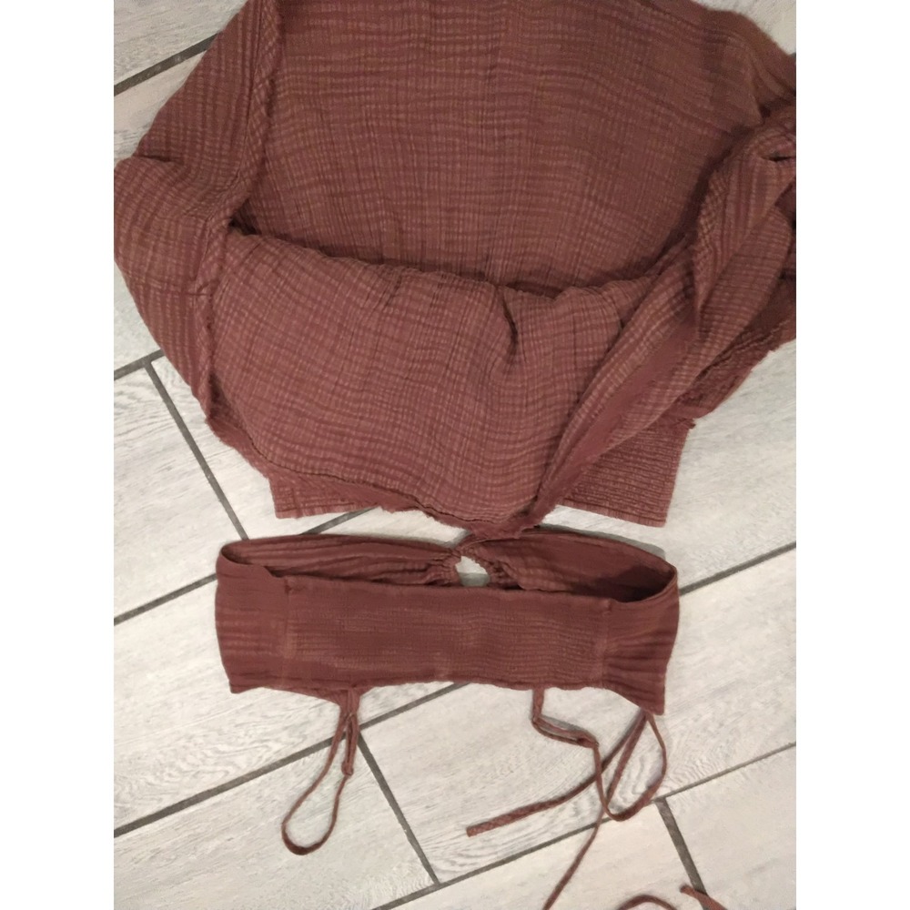 Anthropologie Brown Textured Gauze 2 Piece Set Crop Top Tiered Mini Skirt Medium - Picture 6 of 6
